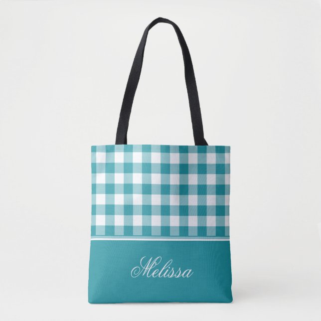 Teal Gingham | Personalized Tote Bag (Front)