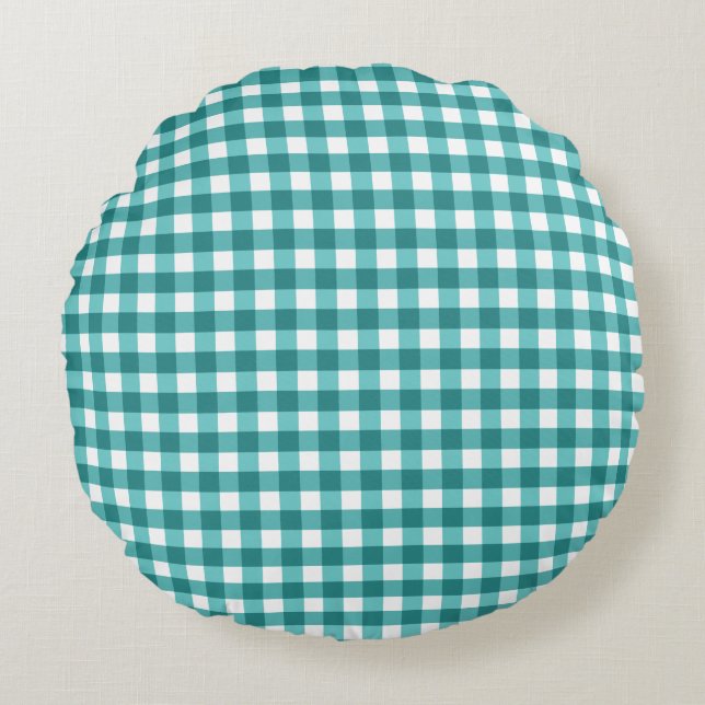 Teal gingham round pillow (Front)