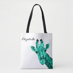 Teal Giraffe Pop Art Personalized Tote Bag