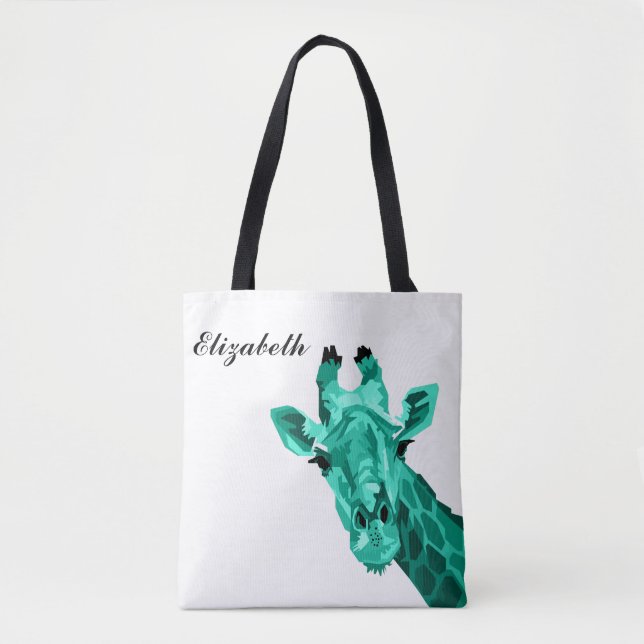 Teal Giraffe Pop Art Personalized Tote Bag (Front)
