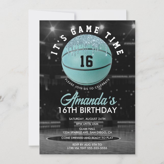 Teal Girls Basketball Birthday Invitation (Front)