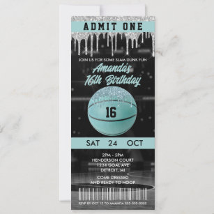 Teal Girls Basketball Birthday Ticket Invitation