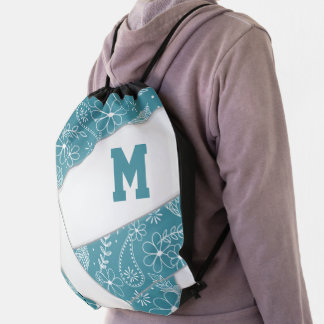 teal girly boho feather floral pattern volleyball drawstring bag