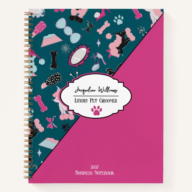 Teal Girly Mid-Century Pet Groomer Notebook (Front)