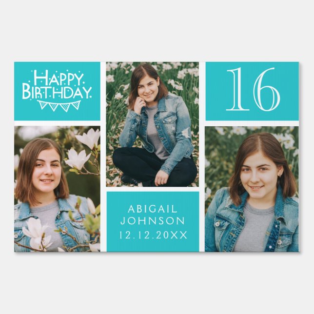 Teal Girly Photo Collage Any Age Happy Birthday Sign (Back)