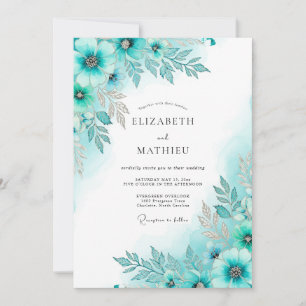 Teal Glacial Botanical Winter Wedding Invitation