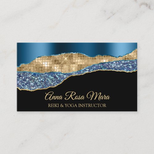  Teal Glam Agate Geode Gold Glitter Black QR Business Card