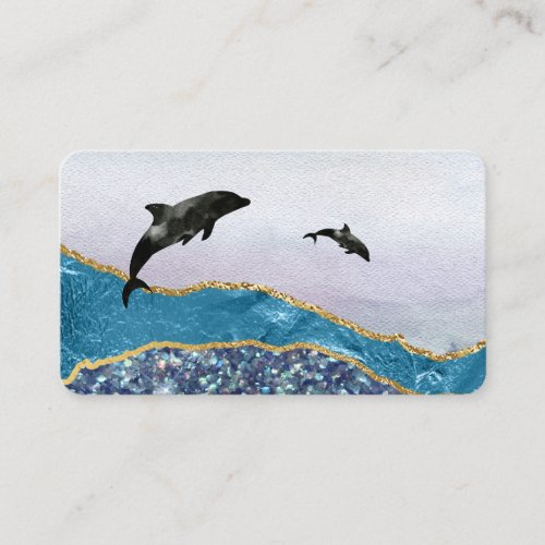  Teal Glam Beach Sea Dolphins Gold Glitter Business Card