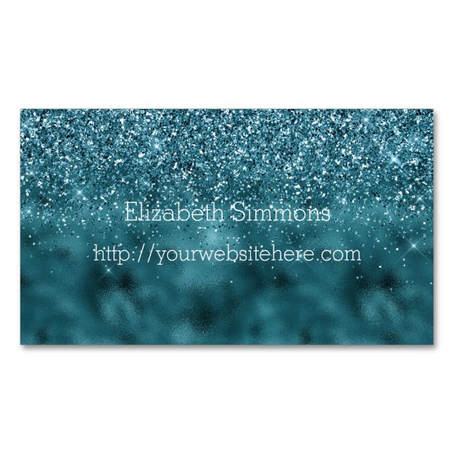 Teal Glam Glitzy Glitter Business Card Magnet (Front)