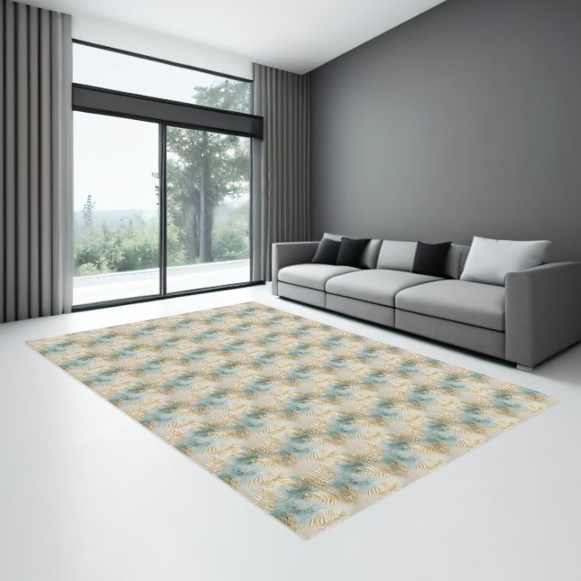 Teal Glam Gold White Tropical Leaves Rug (Insitu (Indoor 3))