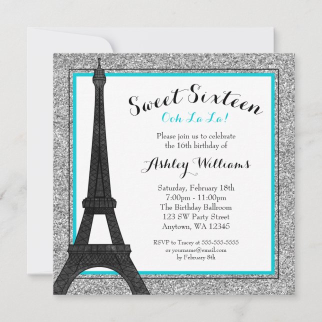 Teal Glam Paris Themed Faux Glitter Sweet 16 Invitation (Front)