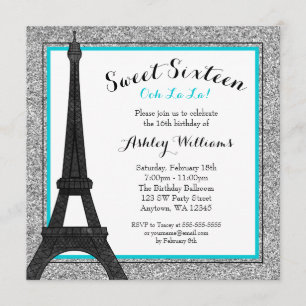 Teal Glam Paris Themed Faux Glitter Sweet 16 Invitation