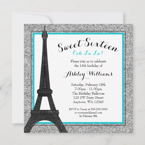 Teal Glam Paris Themed Faux Glitter Sweet 16 Personalized Invitations