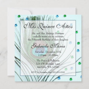 Teal Glam Peacock Feather Quinceanera Birthday Invitation