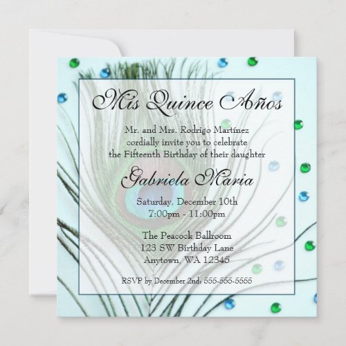 Teal Glam Peacock Feather Quinceanera Birthday Personalized Invitations