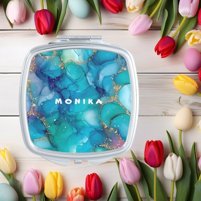 Teal Glitter Alcohol Ink Compact Mirror (Creator Uploaded)