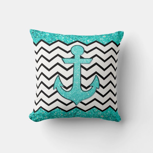 Teal glitter anchor and chevron throw pillow (Front)