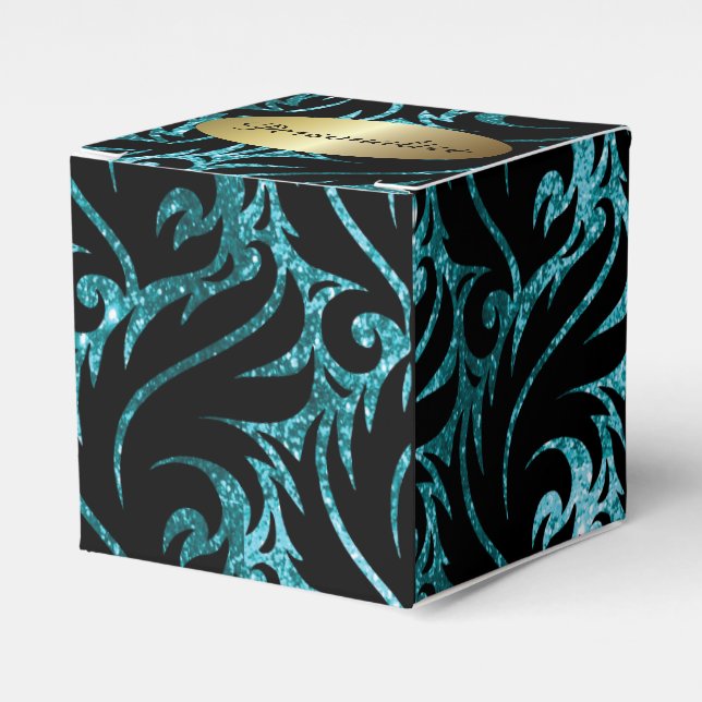Teal Glitter and Black Designed Favor Box (Front Side)