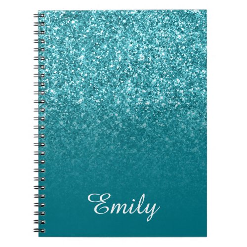 Teal Glitter and Ombre Personalized Notebook