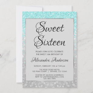 Teal Glitter and Silver Sweet 16 Birthday Invitation