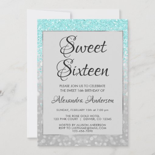 Teal Glitter and Silver Sweet 16 Birthday Invitation | Zazzle