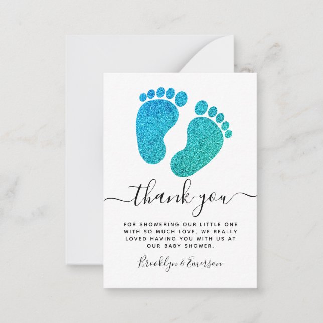 Teal Glitter Baby Feet Baby Shower Thank You  Note (Front)