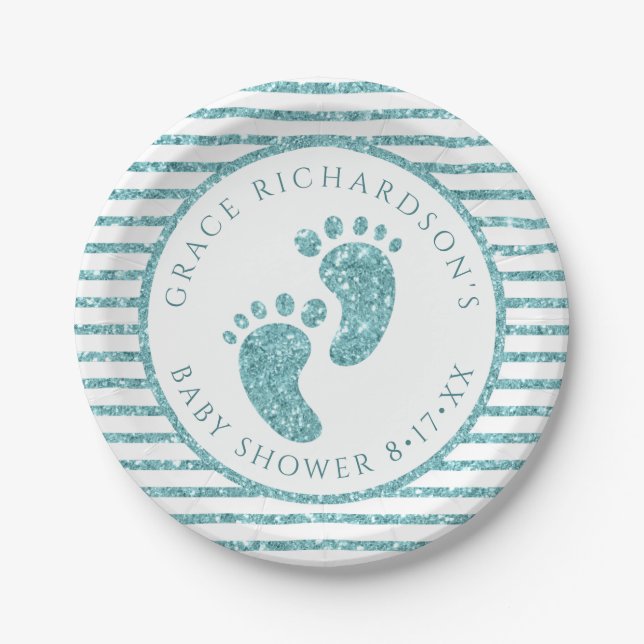 Teal Glitter Baby Feet Paper Plates | Personalized (Front)