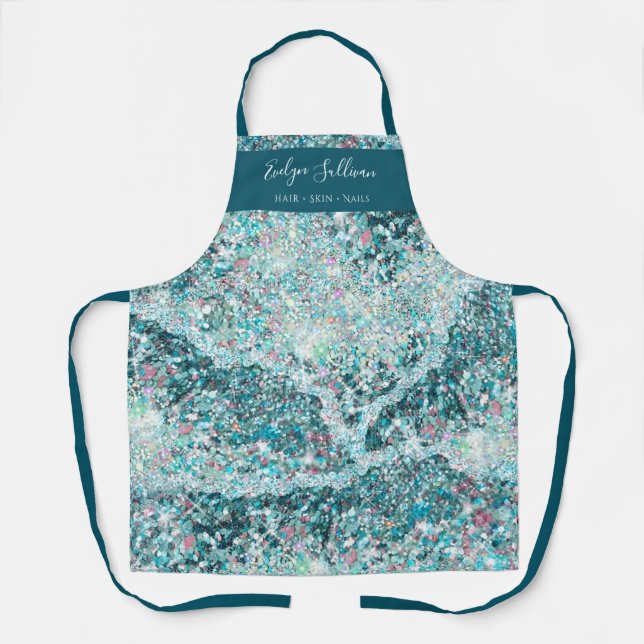 Teal glitter beauty professional apron (Front)