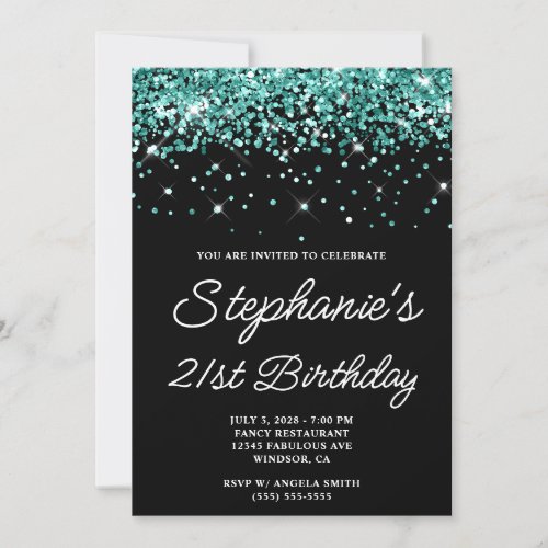 Teal Glitter Black 21st Birthday Invitation