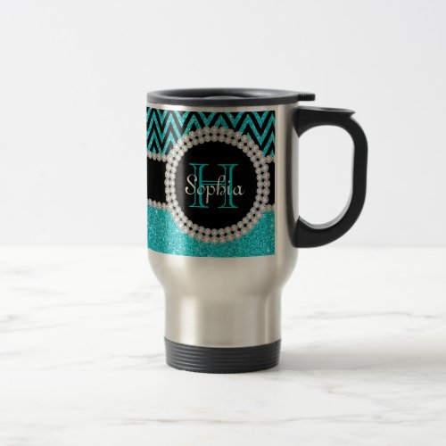 Teal Glitter Black Chevron Monogram Travel Mug