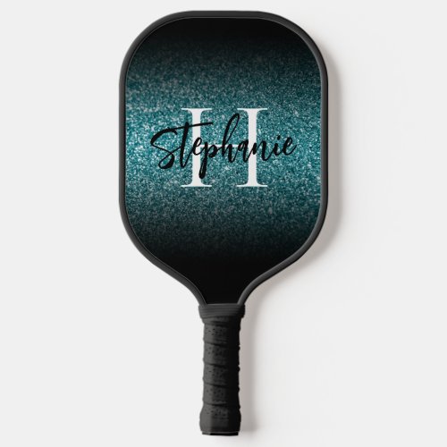 Teal Glitter Black Edge Ombre Monogrammed Pickleball Paddle