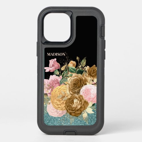 Teal Glitter Black Gold Pink Flowers Monogram OtterBox Defender iPhone 12 Case