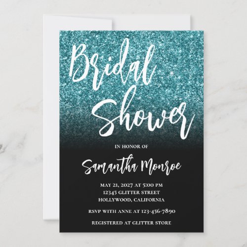 Teal Glitter Black Gradient Bridal Shower Invitation