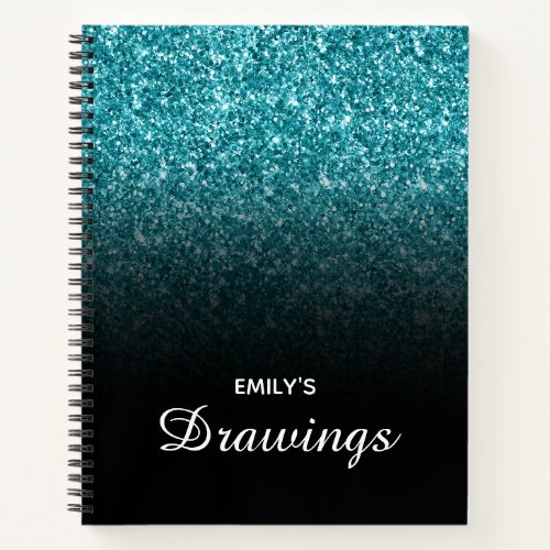 Teal Glitter Black Ombre Personalized Drawing Notebook