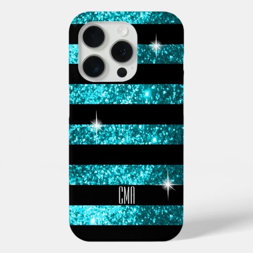 Teal Glitter  Black Stripes  DIY Monogram iPhone 15 Pro Case