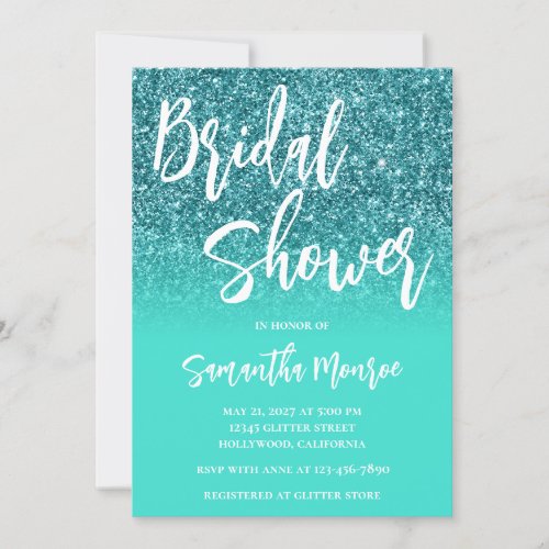 Teal Glitter Bright Turquoise Ombre Bridal Shower Invitation