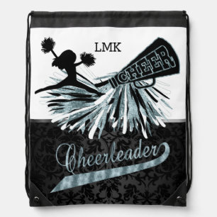 Teal Glitter Cheerleader with Pom Poms Drawstring Bag