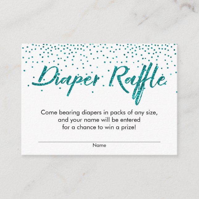 Teal Glitter Confetti Script Diaper Raffle Tickets Enclosure Card (Front)