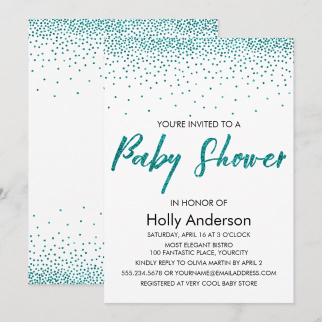 Teal Glitter Confetti & Typography Baby Shower Invitation (Front/Back)