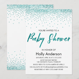 Teal Glitter Confetti & Typography Baby Shower Invitation