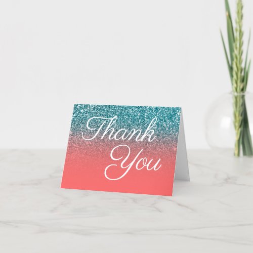 Teal Glitter Coral Ombre Elegant Calligraphy Thank You Card
