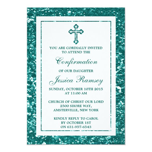 Teal Glitter Cross Holy Communion Or Confirmation Invitation