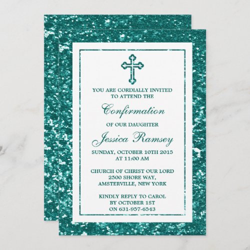 Teal Glitter Cross Holy Communion Or Confirmation Invitation