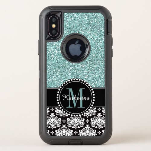 Teal Glitter Damask Personalized Monogrammed OtterBox Defender iPhone XS Case