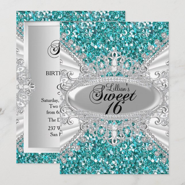Teal Glitter Diamond Tiara Sweet 16 Invite (Front/Back)