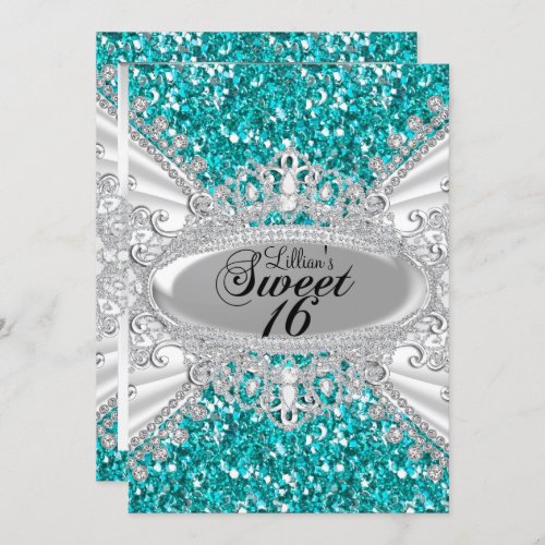 Teal Glitter Diamond Tiara Sweet 16 Invite