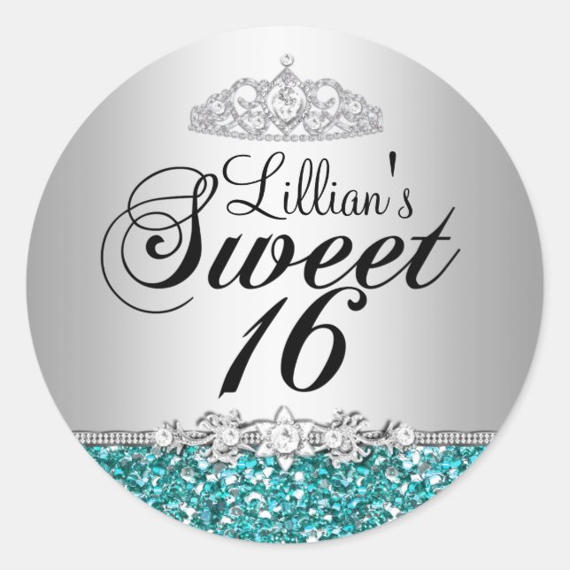 Teal Glitter & Diamond Tiara Sweet 16 Sticker (Front)