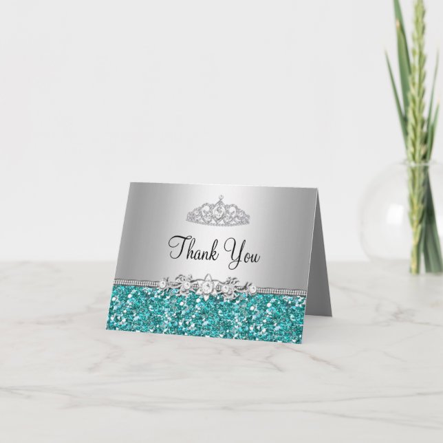 Teal Glitter & Diamond Tiara Thank You Card (Front)