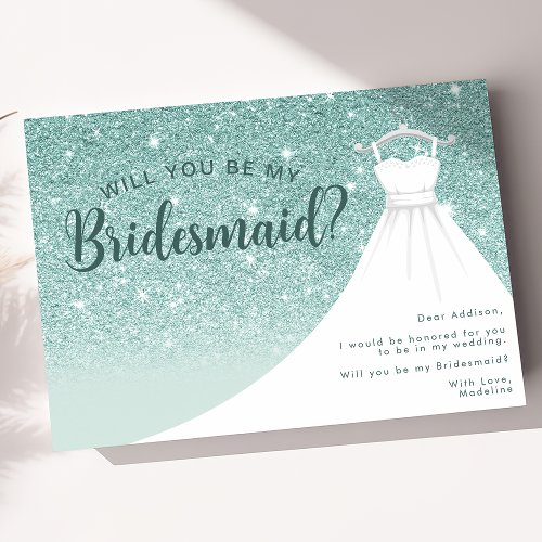 Teal Glitter Dress Will You Be My Bridesmaid Invitation
