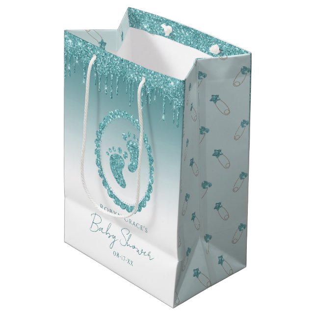 Teal Glitter Drips Baby Feet Gift Bag Personalized (Front Angled)